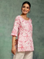 White Printed Cotton Straight Kurti - Image 2