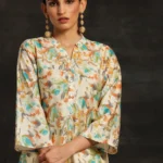 Beige Printed Silk Blend Straight Kurtis