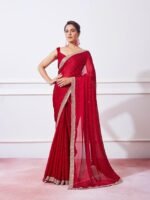 Women's Satin Chiffon All Over Fix Diamond With Lace Work Saree With Matching Unstitched Blouse Piece