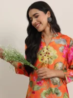 Orange Printed Silk Blend Tunic