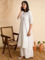 White Woven Design Cotton Kurta - Image 4